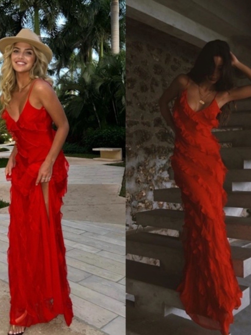 Rat & Boa Red Ruffled Maxi Slip Dress with Side Slit